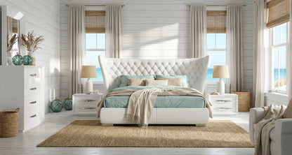 Modern White Queen Bedroom Set with Tufted Upholstered Headboard and High-Gloss Finish