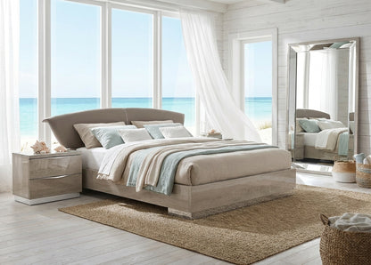 Modern Silver Birch Platform Bed with Upholstered Headboard and Lift Storage