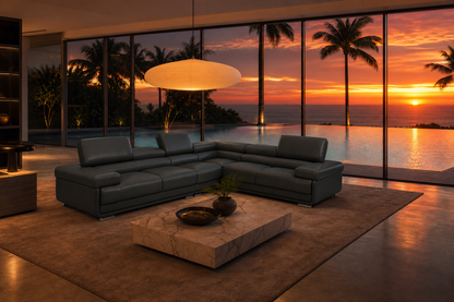 Modern Dark Grey Leather Sectional Sofa with Adjustable Headrests and Chrome Legs
