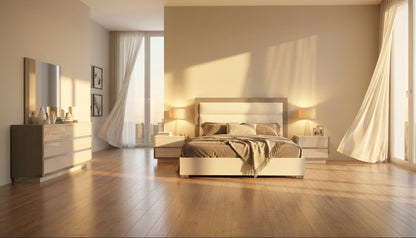 Modern White and Brownish-Grey Queen Bedroom Set with High-Gloss Finish and Upholstered Headboard