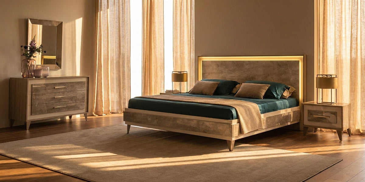 Classic Stone-Textured Bedroom Set with LED Headboard and Dresser