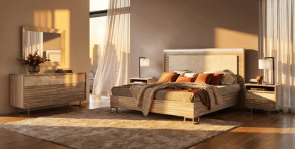 Upholstered Light Wood Queen Bedroom Set with Ambient Lighting and Mirrored Dresser