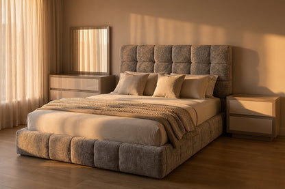 Upholstered Grey Queen Bed with Grid-Tufted Headboard and Matching Dresser Set