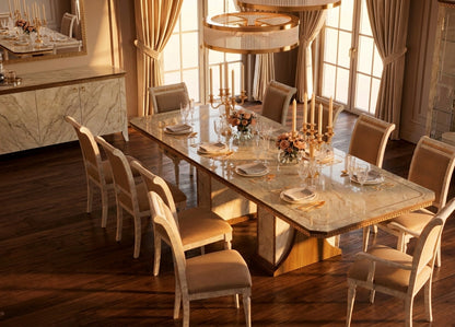 Classic Marble and Gold Dining Table with Extension Leaf and Upholstered Chairs