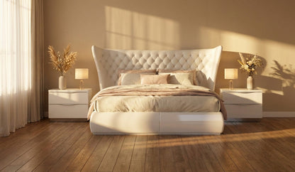 Modern High-Gloss White Bed with Upholstered Headboard and Matching Nightstands