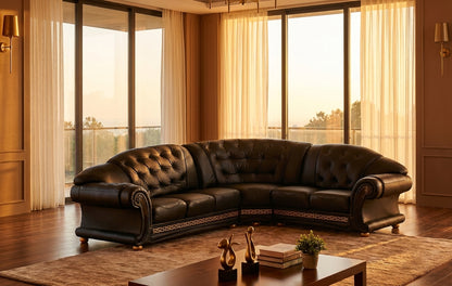Classic Black Sectional Sofa with Tufted Leather and Medusa Accents