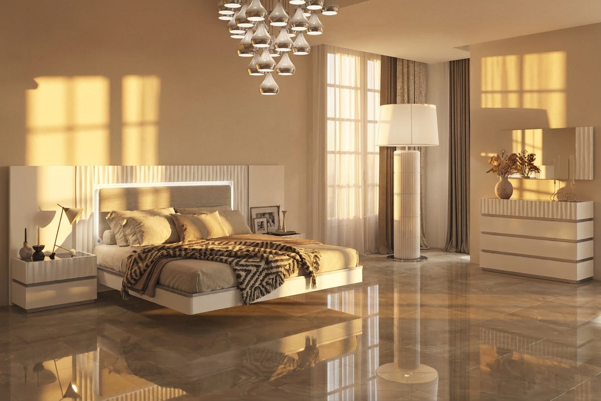 Contemporary White Platform Bedroom Set with Lighted Headboard and Mirrored Dresser