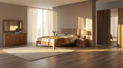 Contemporary Walnut Bedroom Set with Platform Bed and Nightstands