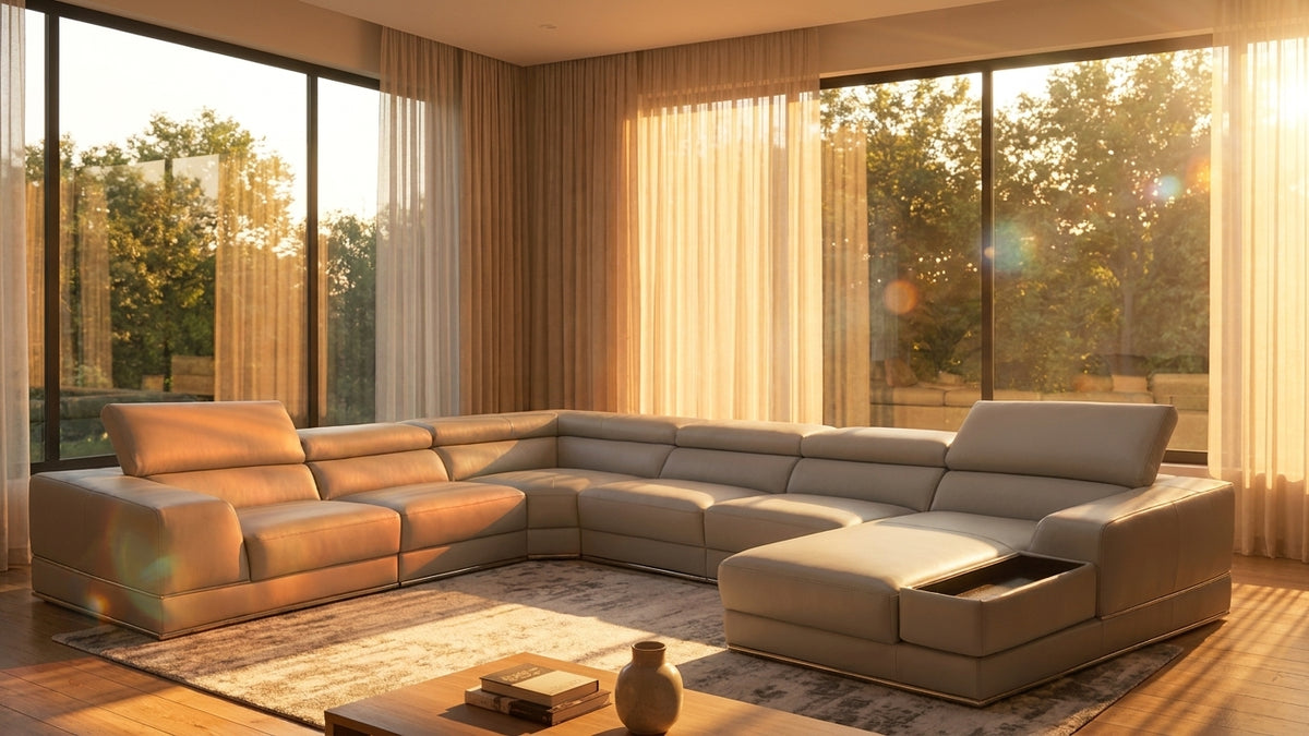 Modern Light Grey Leather Sectional with Adjustable Headrests and Storage Chaise