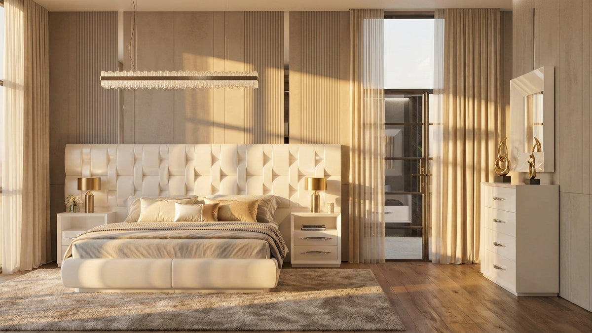 Modern White High-Gloss Queen Bedroom Set with Upholstered Bed Frame and Double Dresser