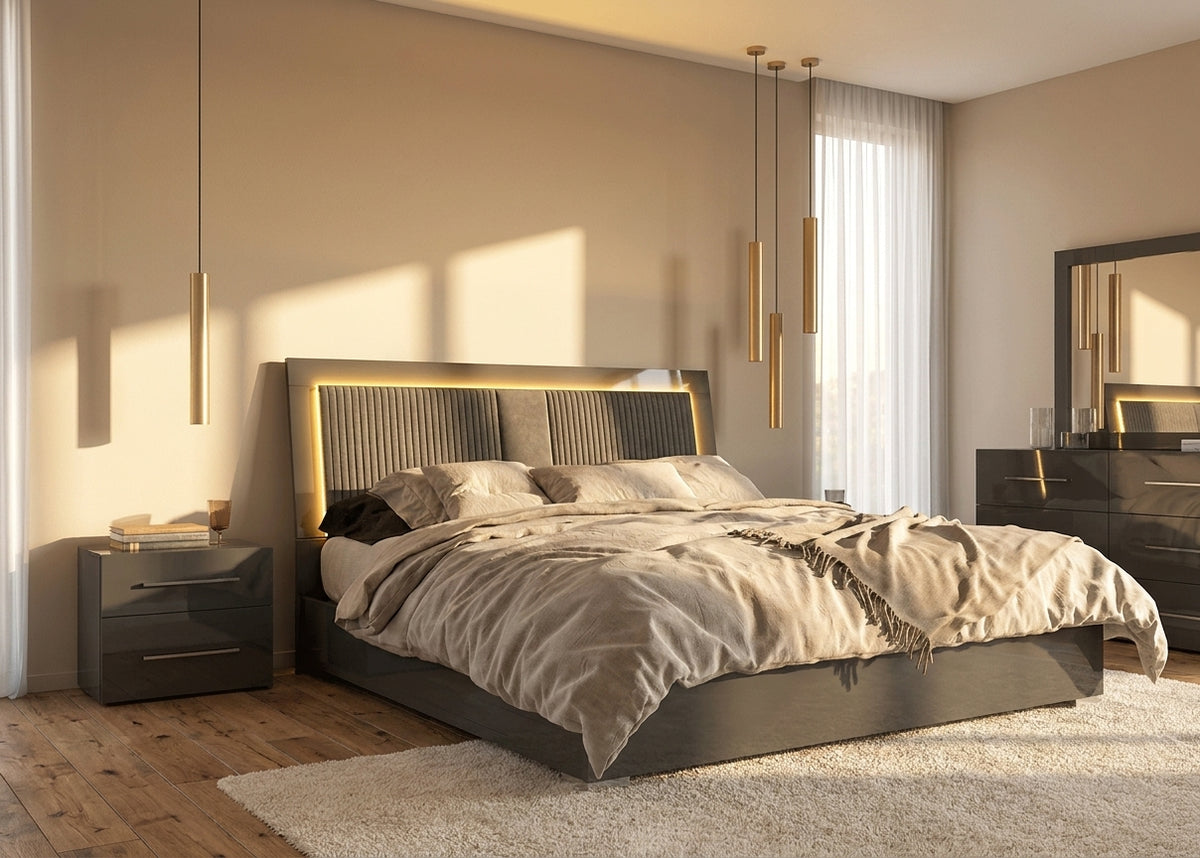 Modern Silver Grey Bedroom Set with Illuminated Upholstered Headboard and Coordinated Storage Pieces