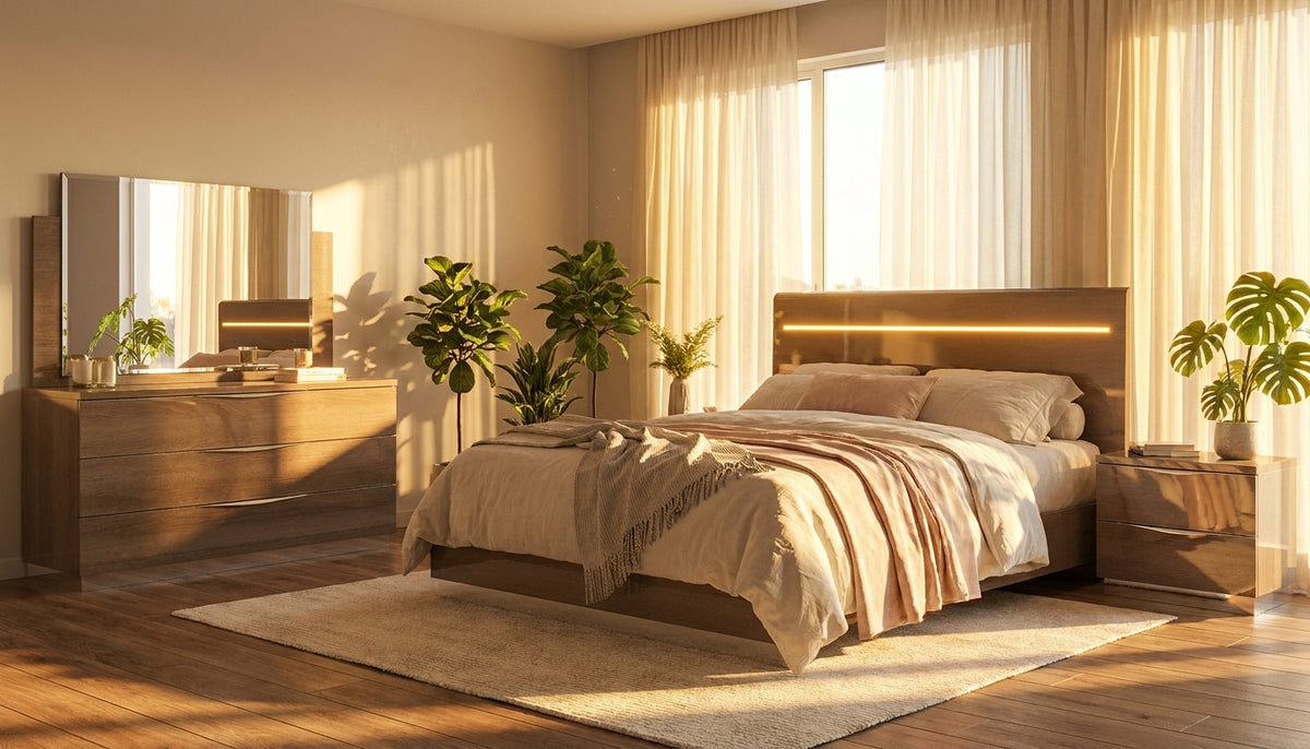 Modern Silver Birch Bed with Integrated Headboard Lighting and Coordinating Dresser