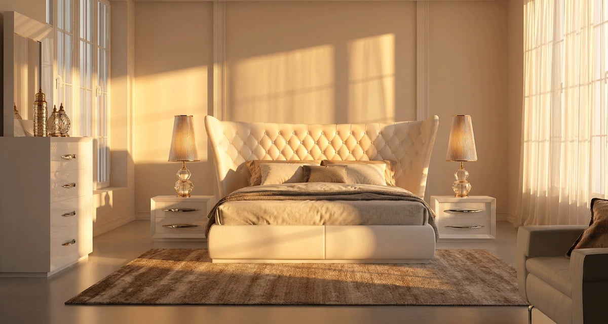 Modern White Queen Bedroom Set with Tufted Upholstered Headboard and High-Gloss Finish