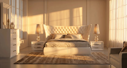 Modern White Queen Bedroom Set with Tufted Upholstered Headboard and High-Gloss Finish