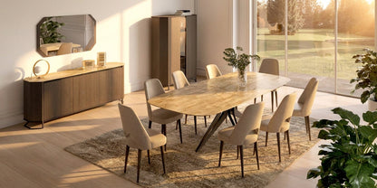 Contemporary Gold Marble Dining Table with Upholstered Chairs and Matching Buffet, Mirror, and Cabinet