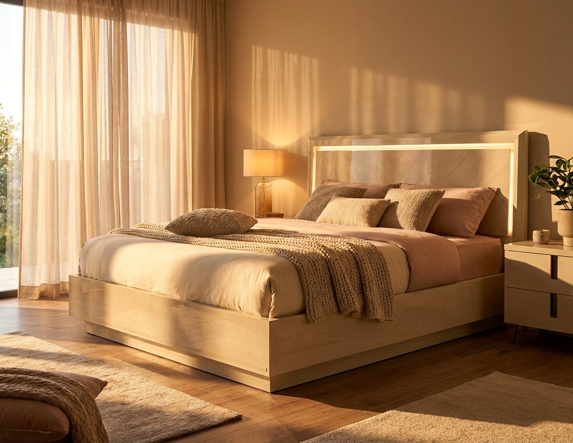 Modern Ivory High-Gloss Queen Bed with Storage Drawer and Integrated Dimmer Lighting