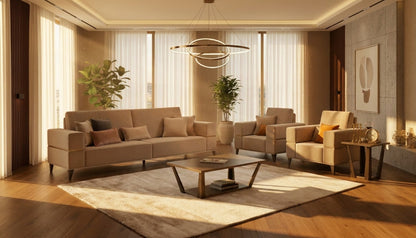 Classic Beige Velvet Sofa and Armchair Set with Wood Coffee Table and Lamp Table