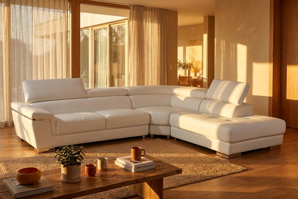 Classic White Sectional with Adjustable Headrests and Chrome Legs