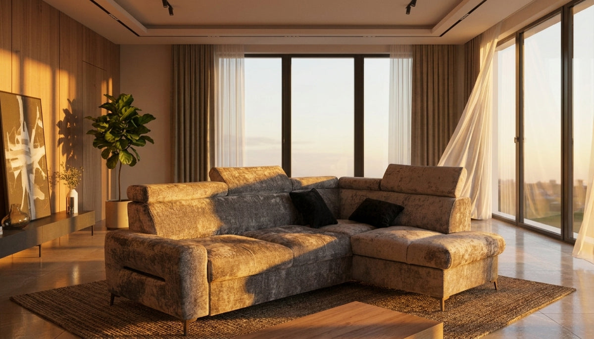 Sleek Grey Sectional Sofa with Pull-Out Bed and Storage Niche