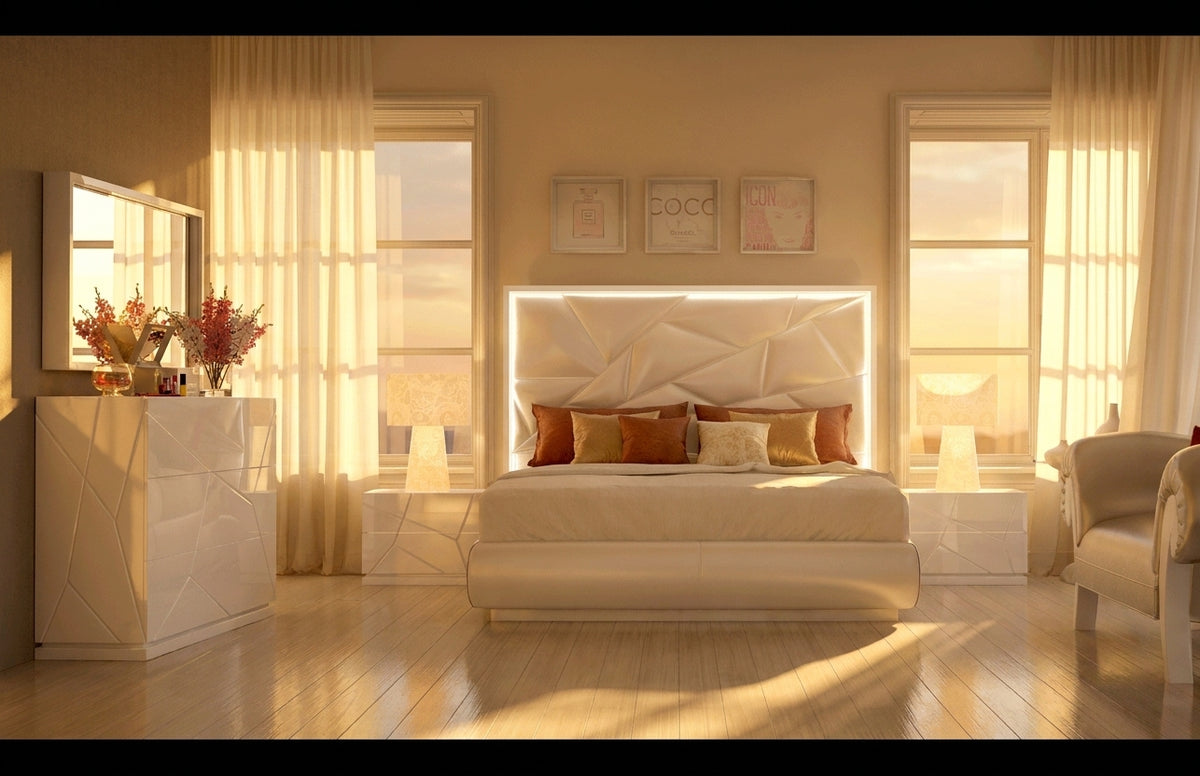 Modern White High-Gloss Bedroom Set with LED Headboard and Dresser Mirror