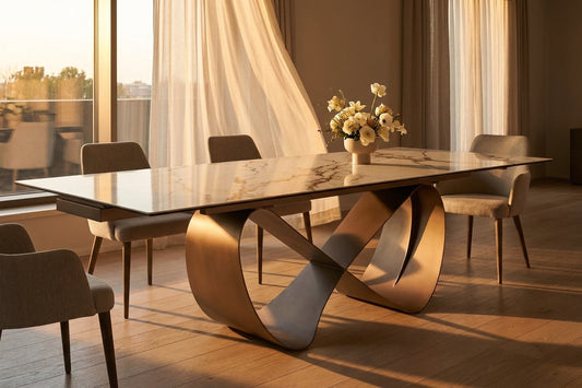 Sleek White Marble-Look Dining Table with Extension Leaves and Sculptural Base