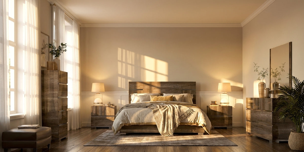 Contemporary Vintage Oak Bedroom Set with Soft-Close Drawers and Dresser Mirror
