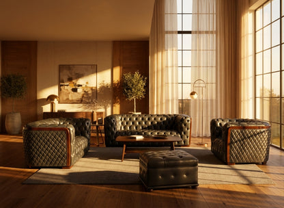 Classic Dark Grey Leather Sofa Set with Deep Tufting and Diamond Stitching