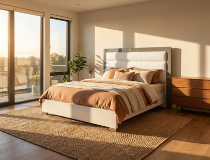 Modern White and Grey Queen Bed with Upholstered Headboard and Wooden Slats Frame