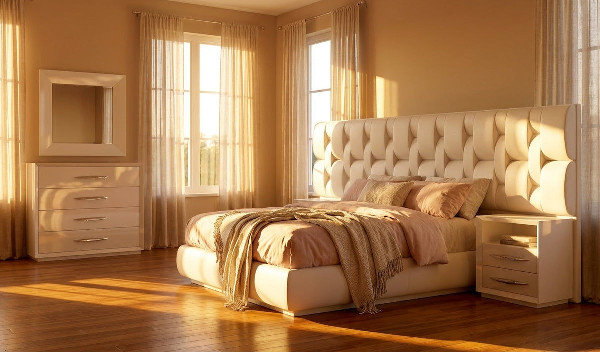 Upholstered White Platform Bed with Matching Nightstands and Dresser