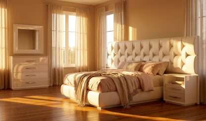 Upholstered White Platform Bed with Matching Nightstands and Dresser
