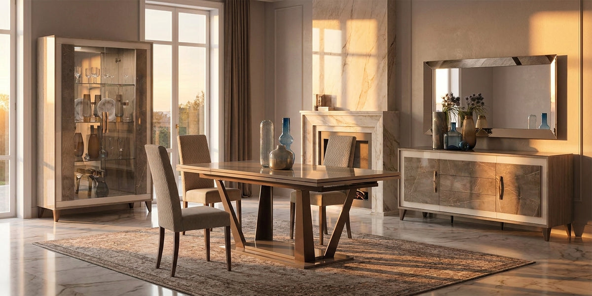 Sleek Glossy Taupe Dining Table with Extension Leaf and Upholstered Chairs