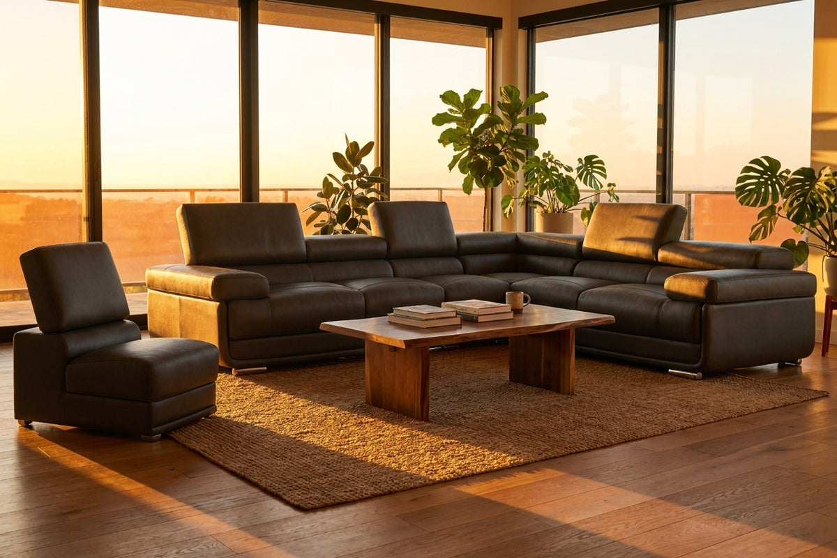 Contemporary Dark Grey Sectional with Adjustable Headrests and Armless Chair