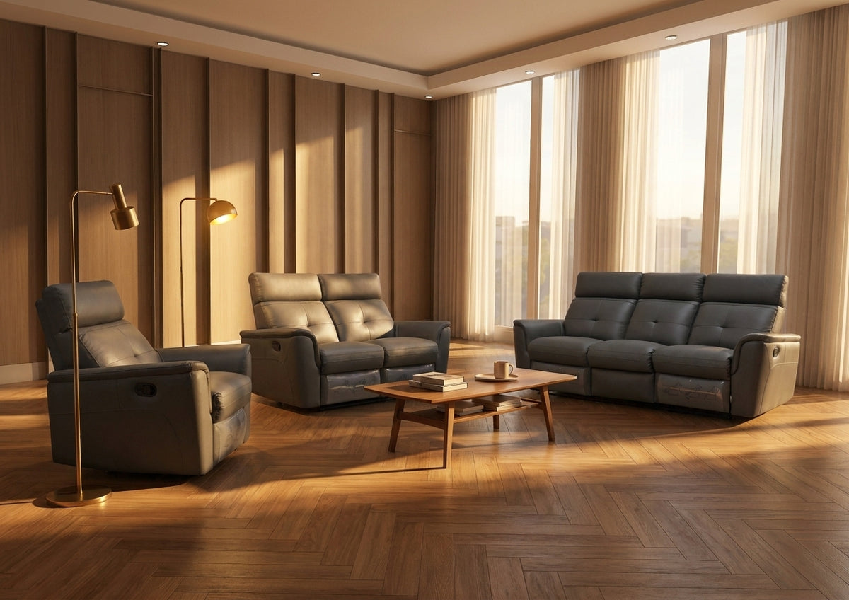Classic Dark Grey Reclining Living Room Set with Manual Recliners and Italian Leather Upholstery