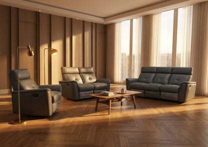Classic Dark Grey Reclining Living Room Set with Manual Recliners and Italian Leather Upholstery