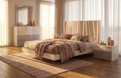 Modern White High-Gloss Queen Bedroom Set with Illuminated Headboard and Mirrored Dresser
