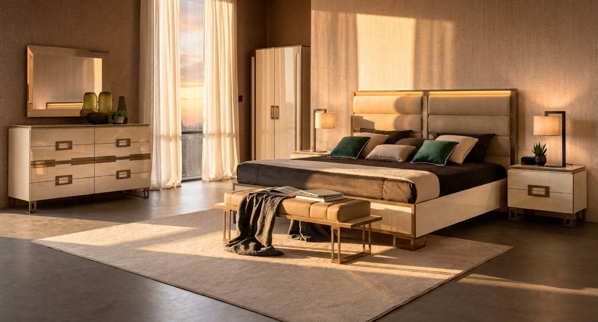 Upholstered Beige Queen Bedroom Set with LED Headboard and Mirrored Dresser