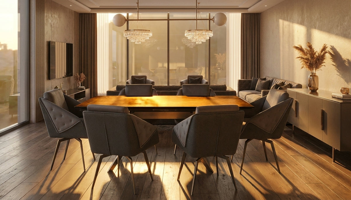 Contemporary Dark Extendable Dining Table with Upholstered Chairs and Metal Legs