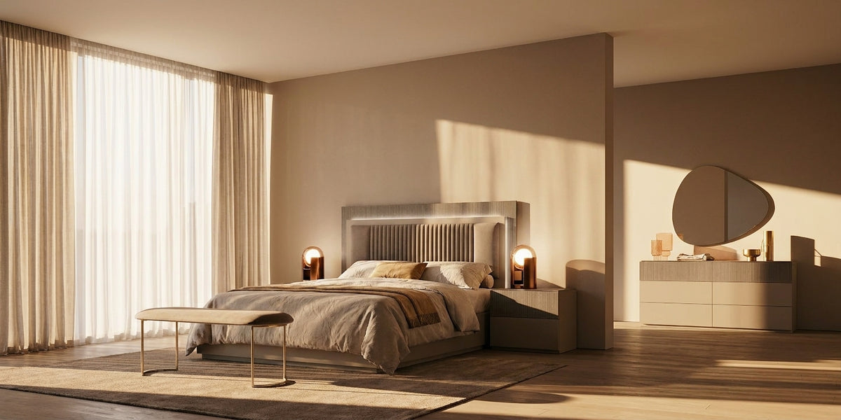 Upholstered Taupe Queen Bedroom Set with Illuminated Headboard and Coordinating Dresser
