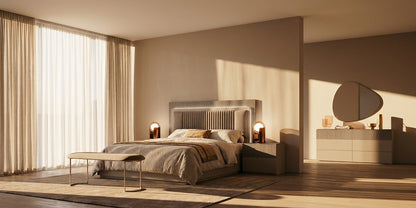 Upholstered Taupe Queen Bedroom Set with Illuminated Headboard and Coordinating Dresser