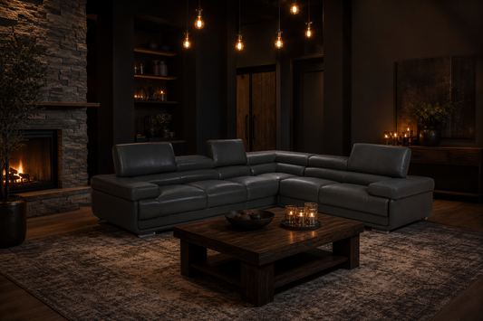 Modern Dark Grey Leather Sectional Sofa with Adjustable Headrests and Chrome Legs
