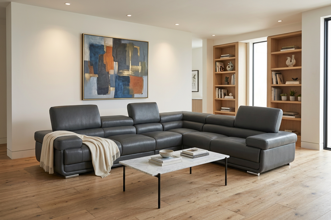 Modern Dark Grey Leather Sectional Sofa with Adjustable Headrests and Chrome Legs