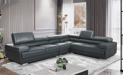 Modern Dark Grey Leather Sectional Sofa with Adjustable Headrests and Chrome Legs
