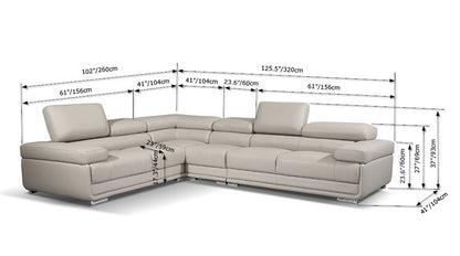Modern Dark Grey Leather Sectional Sofa with Adjustable Headrests and Chrome Legs