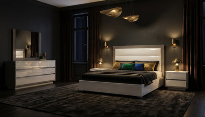 Modern White and Brownish-Grey Queen Bedroom Set with High-Gloss Finish and Upholstered Headboard