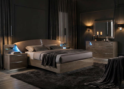 Modern Silver Birch Platform Bed with Upholstered Headboard and Lift Storage
