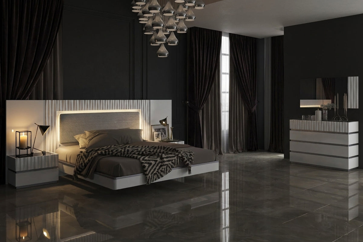Contemporary White Platform Bedroom Set with Lighted Headboard and Mirrored Dresser
