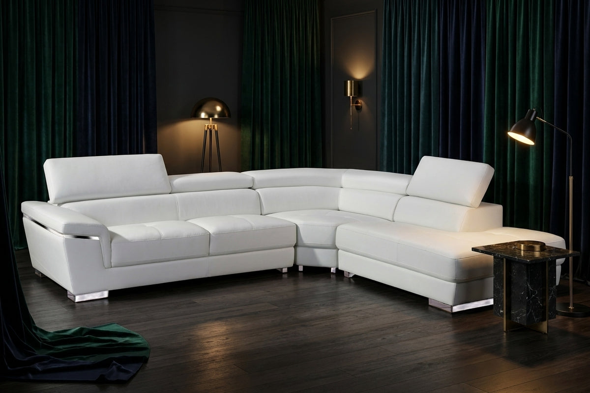 Classic White Sectional with Adjustable Headrests and Chrome Legs