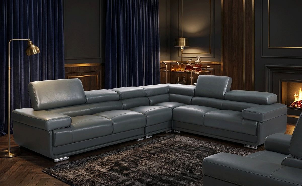 Classic Dark Grey Sectional with Adjustable Headrests and Reversible Accent Chair