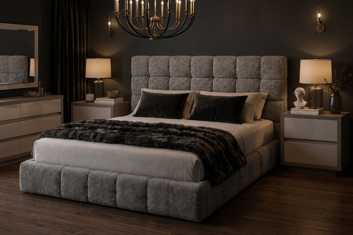Upholstered Grey Queen Bed with Grid-Tufted Headboard and Matching Dresser Set