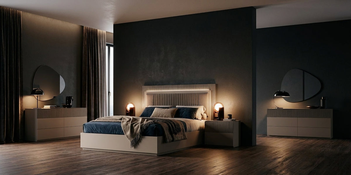 Upholstered Taupe Queen Bedroom Set with Illuminated Headboard and Coordinating Dresser